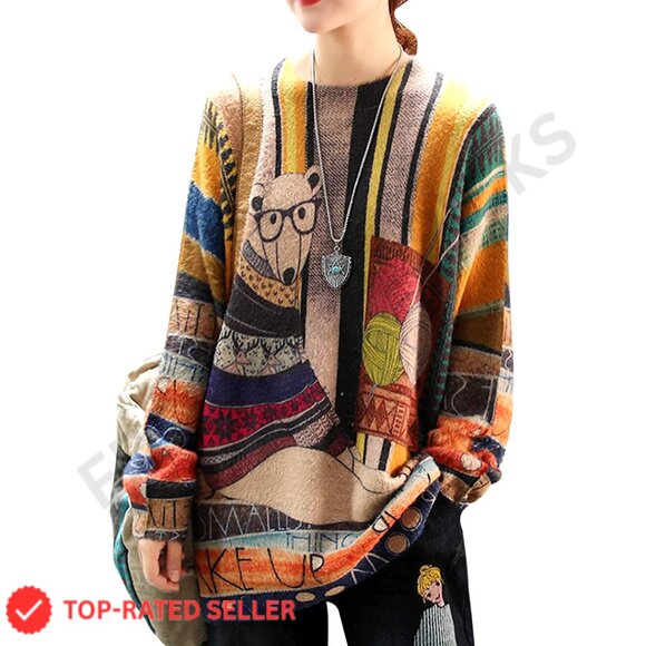 Oversized Pullover Sweater with Graphic Print Cotton Wool Blend